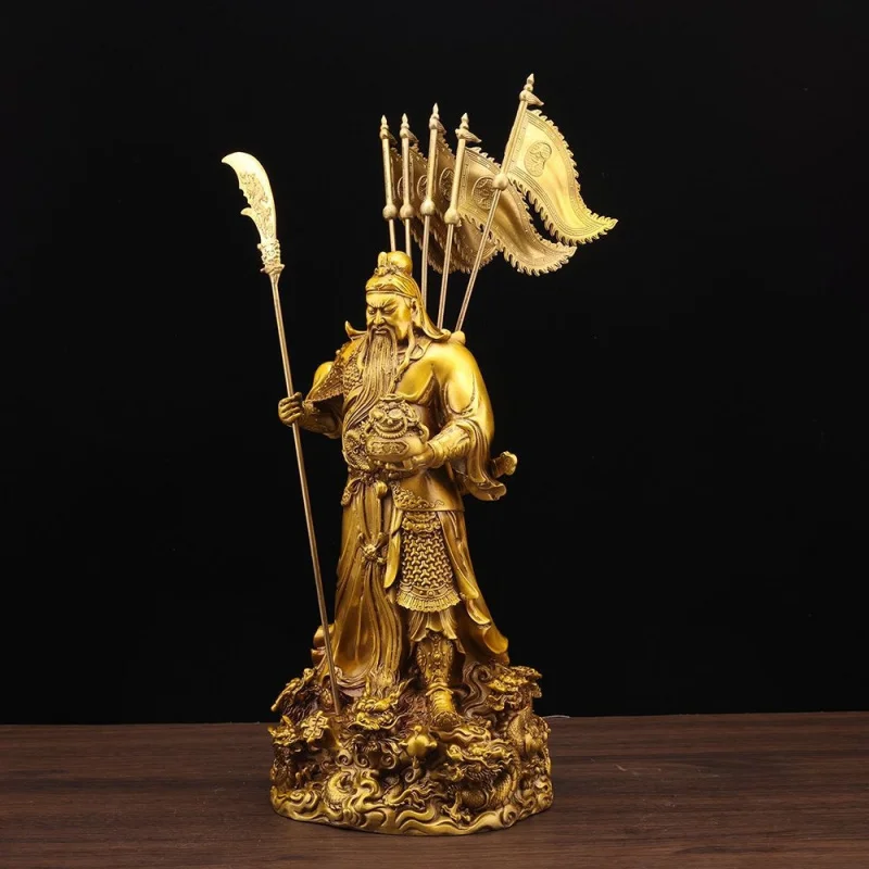Brass God Of Wealth Nine Dragons Treasure, Guan Gong With Five Flags, Large Ornament For Home Living Room And Entryway