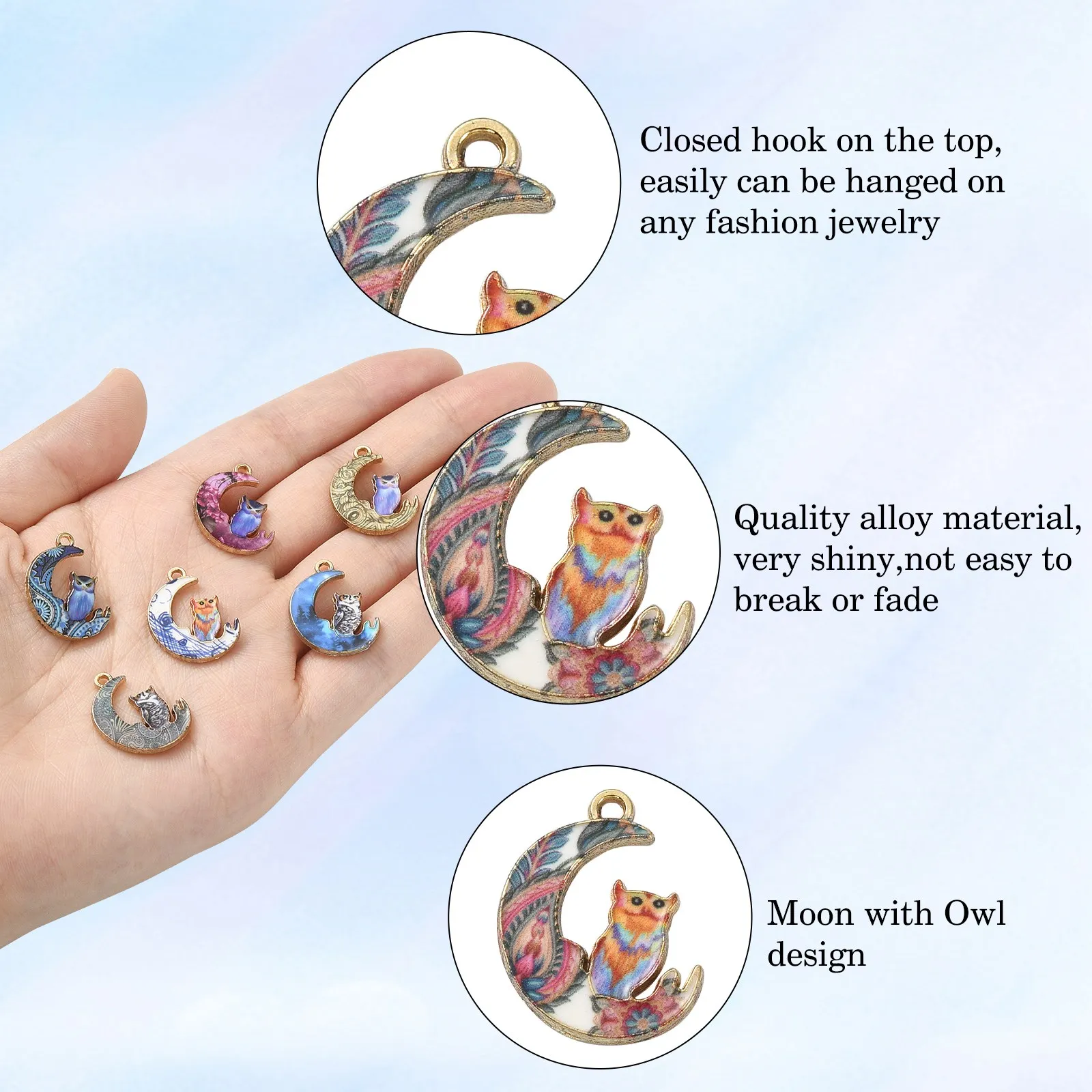 27Pcs 9 Styles Colorful Crescent Moon Owl Charms Enamel Half Moon Charms Animal Owl Dangle Charms for Jewelry Necklace Making