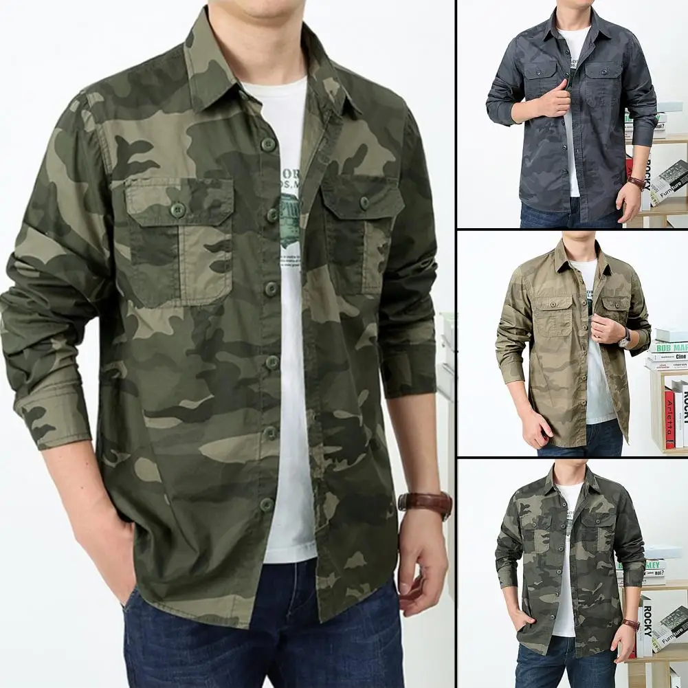 

Men Autumn Shirt Camouflage Print Long Sleeves Single-breasted Turn-down Collar Warm Cardigan Buttons Plus Size Spring Shirt