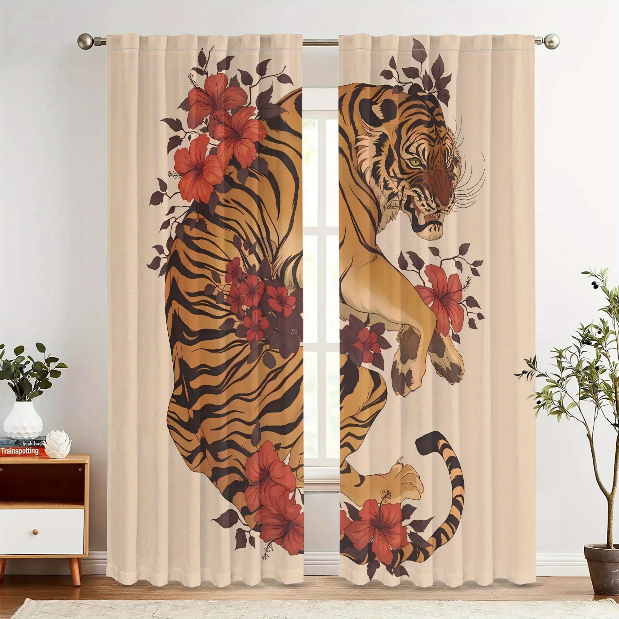 ستارة مطبوعة على شكل نمر عتيق - تصميم أنيق باللونين البيج والبني، قماش تعتيم، جيب قضيب لسهولة التعليق، آلة #1