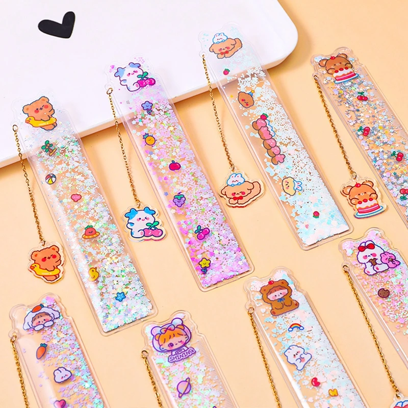 1Pc Creative Cartoon Oil Sand Ruler PVC Drawing Ruler Cute Girl Quicksand Ruler Pendant Bookmark Student Stationery Supplies