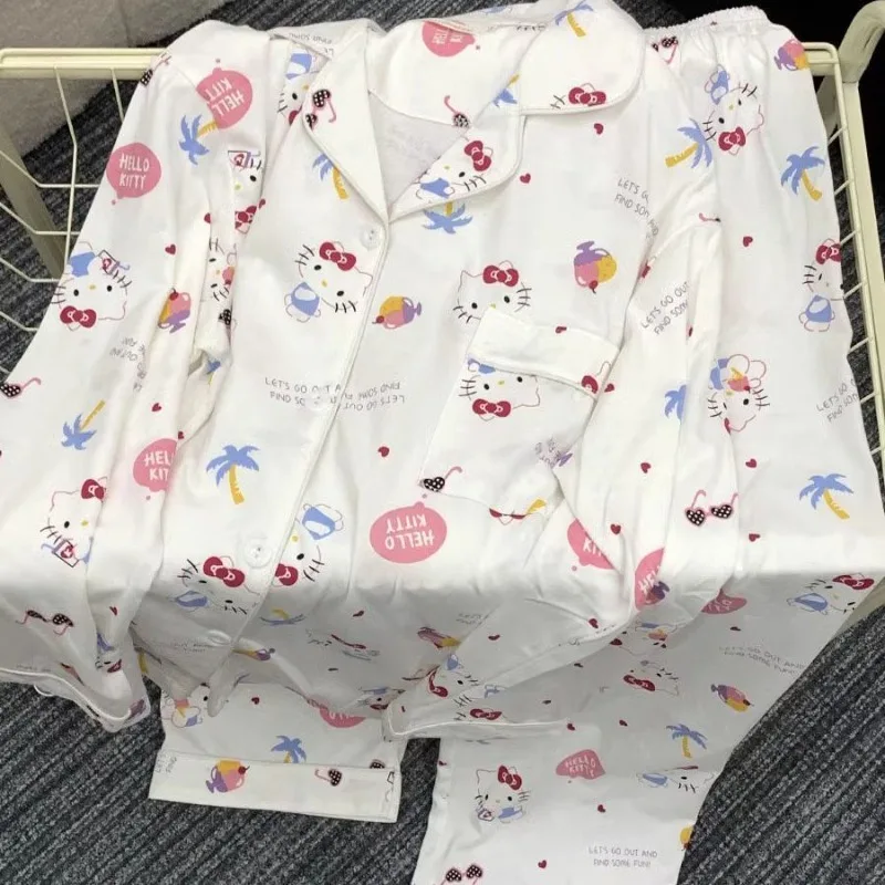 White Hello Kitty Pure Cotton Pajamas for Girls Spring and Autumn Long-sleeved Trousers Cartoon Cute Ins Style Home Clothes Set