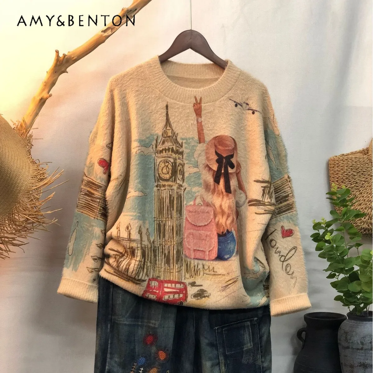 

2025 Autumn Winter New Women's Cartoon Print Soft and Comfortable Pullover Loose Round Neck Long Sleeve Casual Daily Sweater