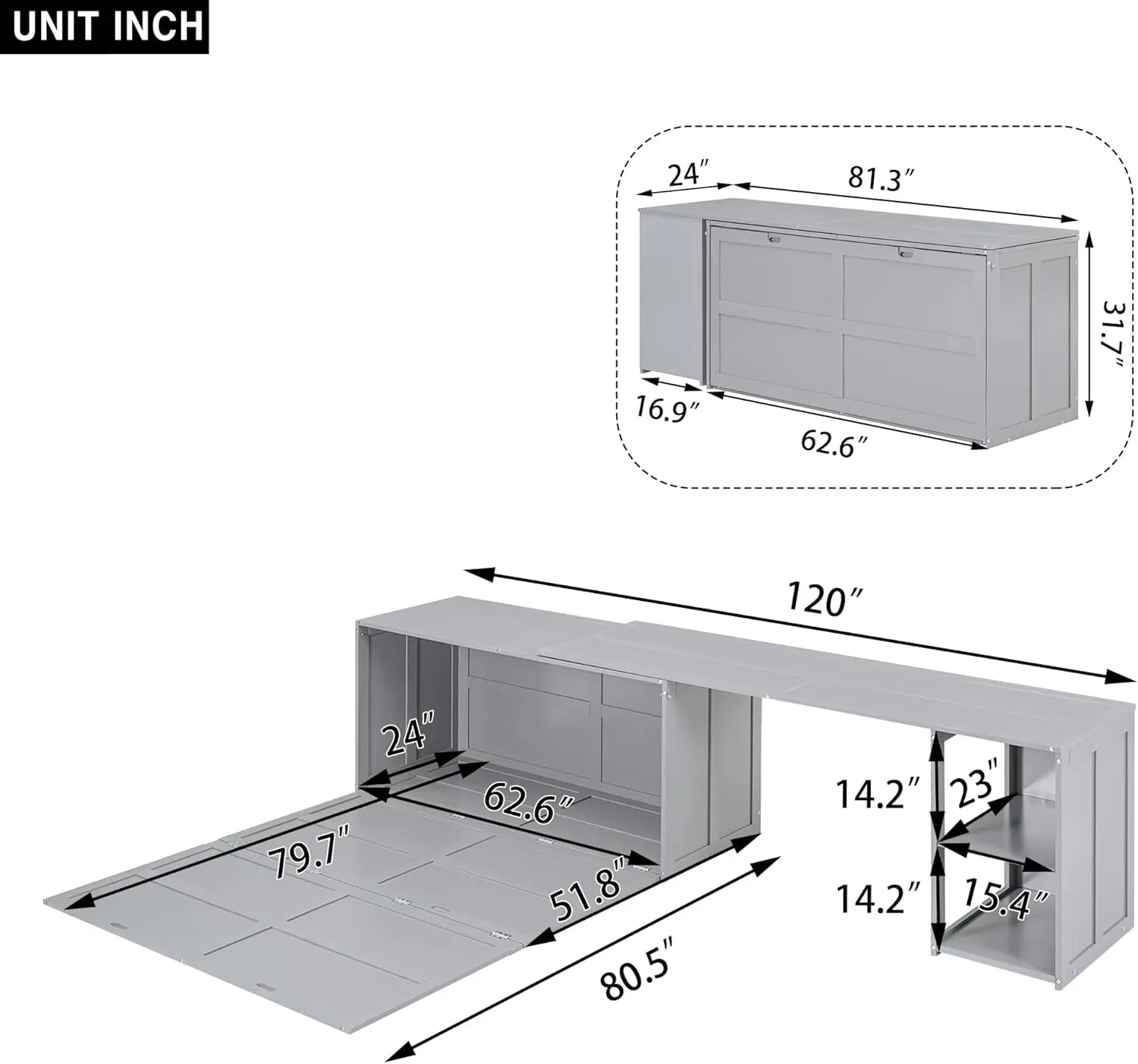 Linique Queen Size Convertible Floor Murphy Bed With Rotable Desk And Storage Shelves, Wall Storage Bed Can Be Folded Into A