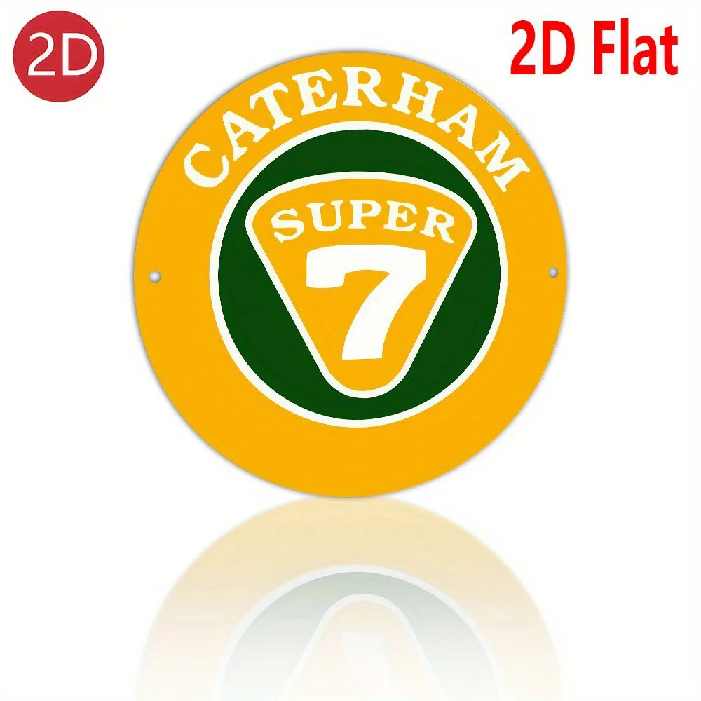 2D Flat, Caterham Super 7 Logo-Emblem – 8 Zoll rundes Wandkunstschild aus Aluminium und Metall mit grüner und gelber ikonischer Branding, Nummer 7