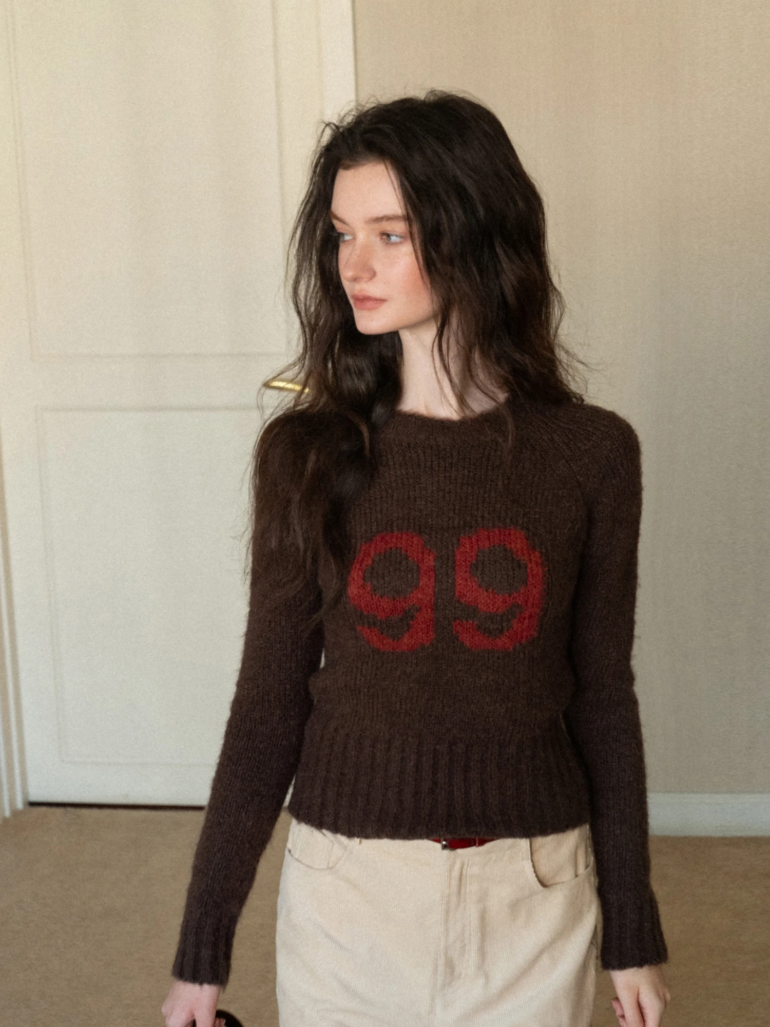 

Женский вязаный свитер Eggka с круглым вырезом, вышивкой букв, кофейного цвета, приталенный, винтажный, для повседневной носки, модный, в стиле кэжуал