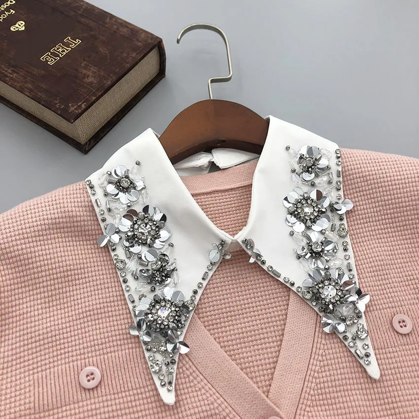 White Black Fake Collar Shirt for Women Lace Hollow Detachable Collar Diamond Lapel Shirt Blouse Top Necklace Clothes Accessory