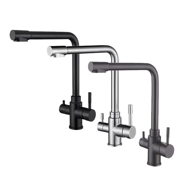 

New Style Double Handle 304 Stainless Steel Healthy Drinking Water Filter Black 3 Three Way Mixer Taps Kitchen Sink Faucet