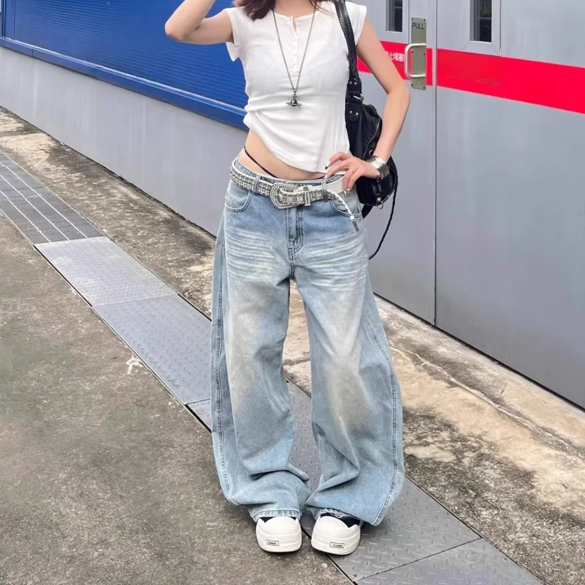 

Retro High Waist Wide Leg Jeans Women Loose Fit Straight Cut Floor Length Pants Autumn Spring Casual Pure Color Cotton Blend