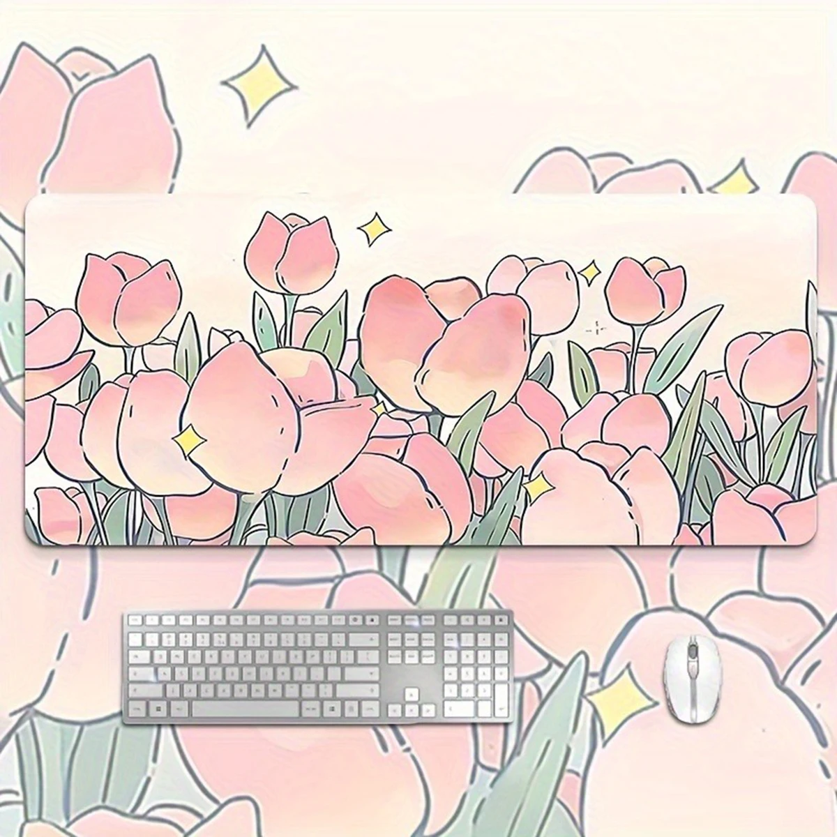 1pc Pink and Red Tulips Pattern Gaming Mouse Pad Multi-Size Non-Slip Stitched Edge Computer Keyboard Desk Mat For Office Home