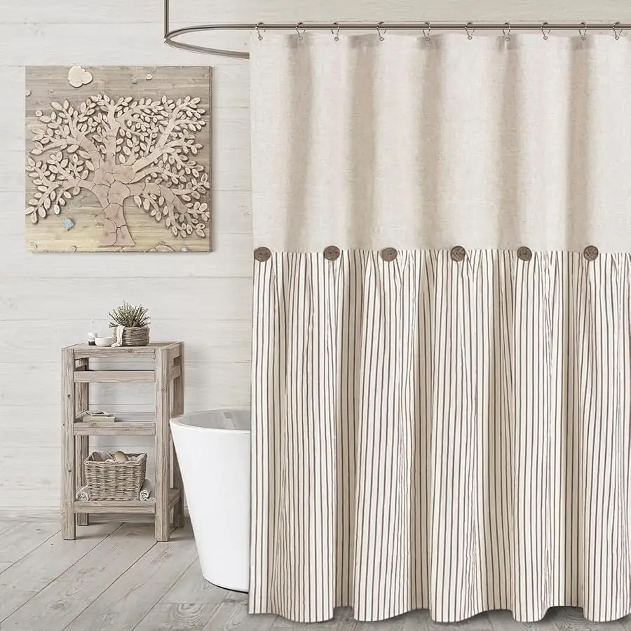 

Farmhouse Beige Shower Curtain Button Linen Textured Wo en Fabric,Pleated Beige Stripe,Country Style,72x72 Inch