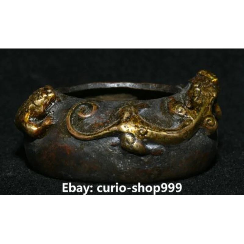 

Old Ming Dynasty Marked Bronze Gilt Dragon Pixiu Beast Washing Writing Brush Pot