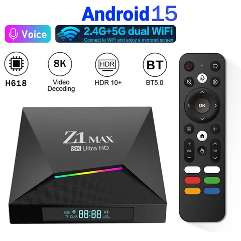 Z1 Max Android 15 Smart TV Box Allwinner H618 Quad Core 4G 5G Dual WiFi BT5.0 Media Player Digital Voice Remote HD 8K 4K IPTV