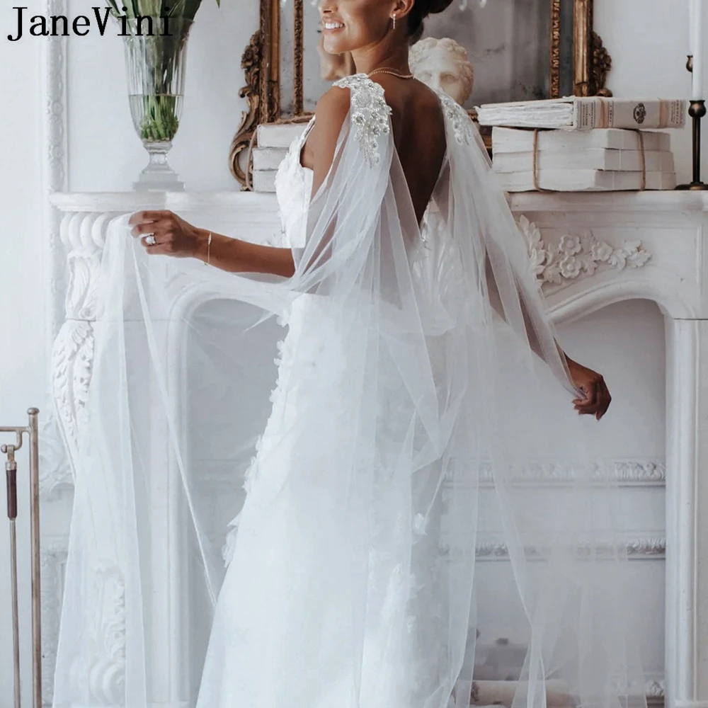 JaneVini Luxury Beaded Pearl Bridal Shawl Wedding Cloak Boléro Femme Soft Tulle Lace Appliques Bride Shrugs Capes Wraps Stoles