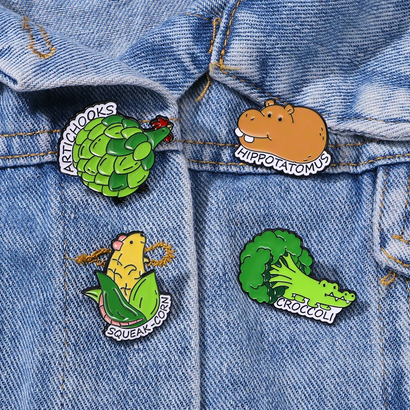 Broches en émail pour animaux, épingles à thème, épingles mignonnes, maïs, souris, pomme de terre, hippopotame, brocoli, crocodile, coq, déclaration, vente en gros