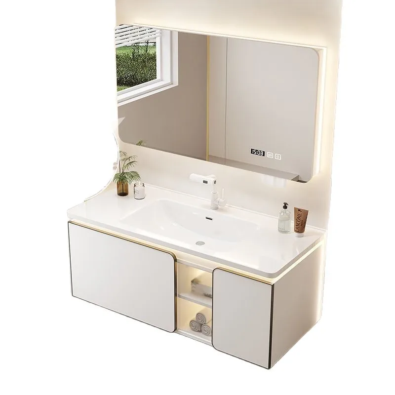 

Простой шкаф для ванной комнаты. Керамическая встроенная раковина. Шкаф для умывальника в сочетании.