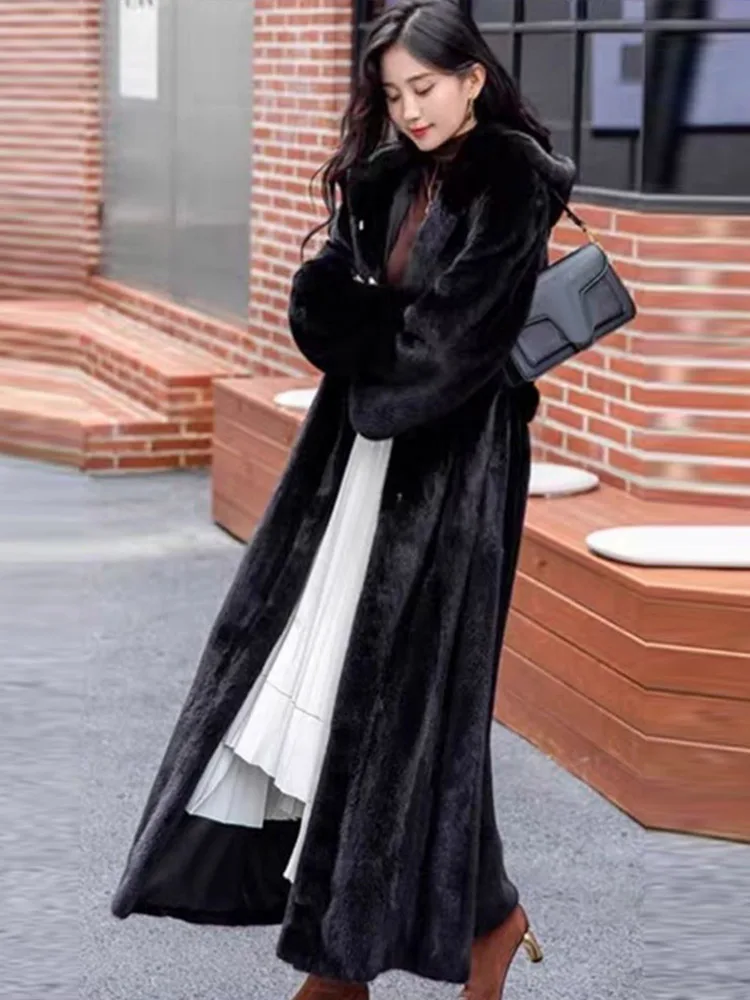 Fluffy Faux Fur Coats With Hoodies Belt Women Loose Thickened Long Sleeved Jackets Female Autumn Winter Soft Warm Black Tops