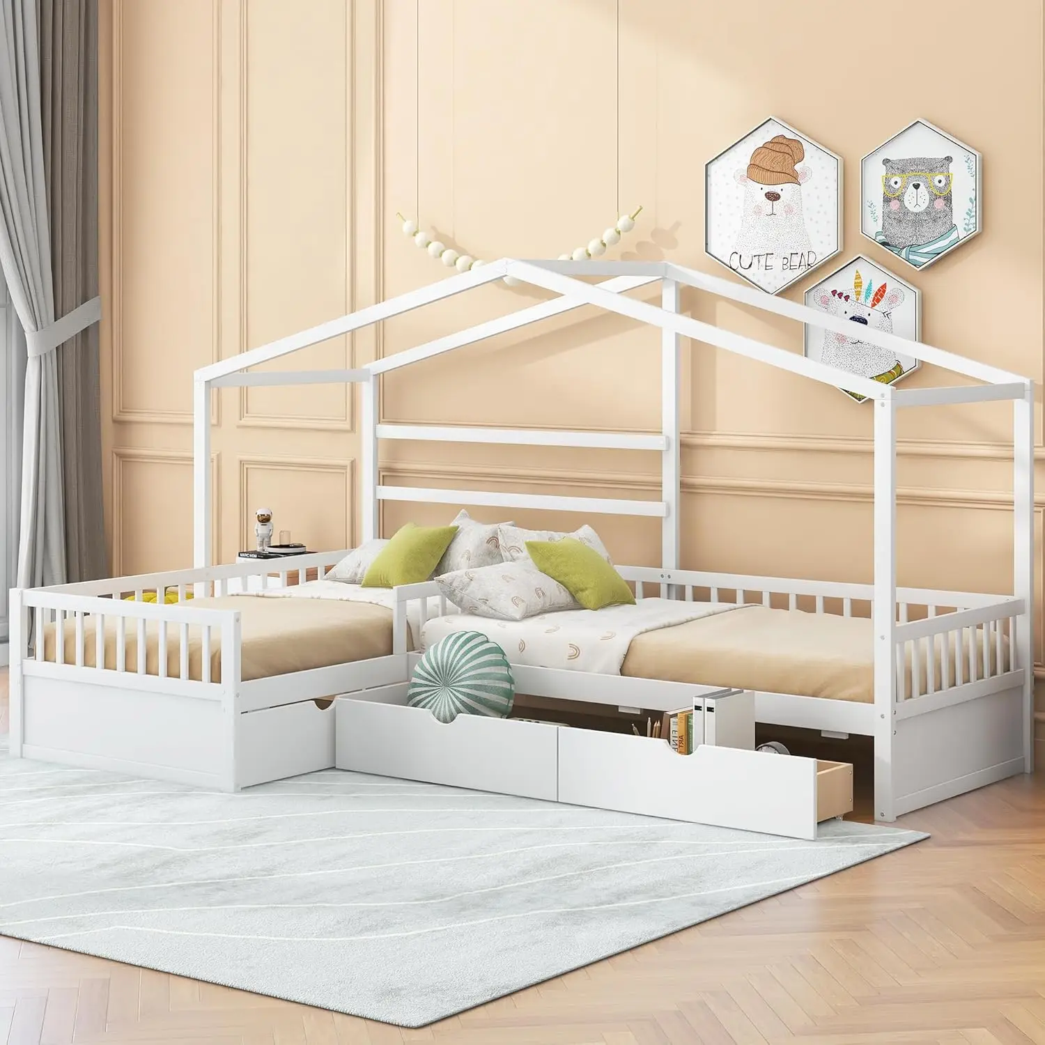 Bellemave L-Shape House Beds With Storage Drawers Two Twin Size Platform Bed Fence Railings Wood Corner Frame Montessori