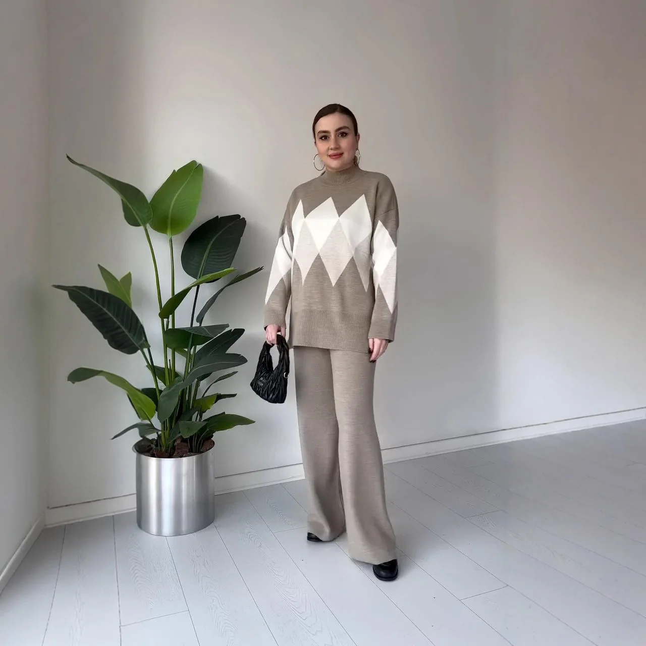 Sweater Suit Women Knitted 2 Piece Sets Pullover Turtleneck Top Wide Leg Pants Outfits Autumn Winter Knitwear Trousers Ensemble view 2