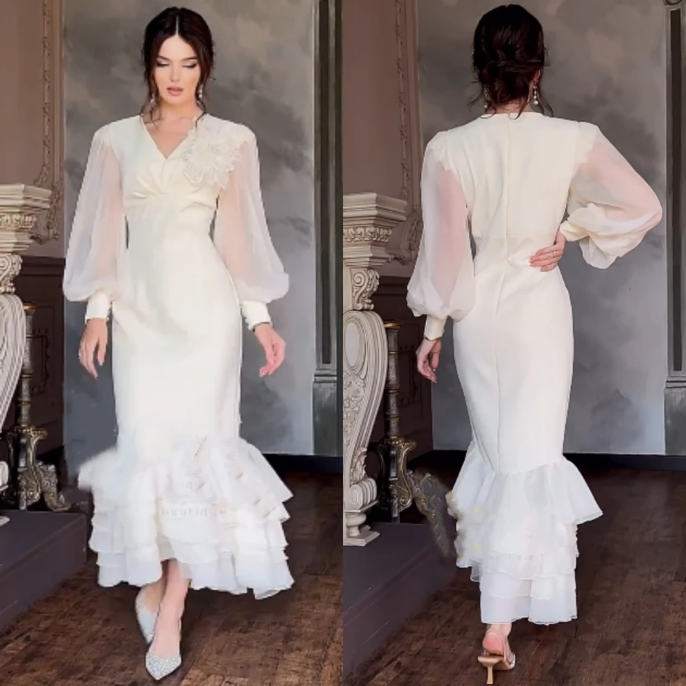 Robe de Fiançailles en Mousseline de Soie Plissée, Sirène, Col en V, sur Mesure, pour Occasions, Mi-Longue