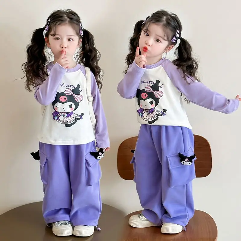 Sanrio Girl Autumn Winter Long Sleeved Set Cartoon Kuromi Print Color Blocking Cute Tops Pants Suit Children Clothes Lightweight