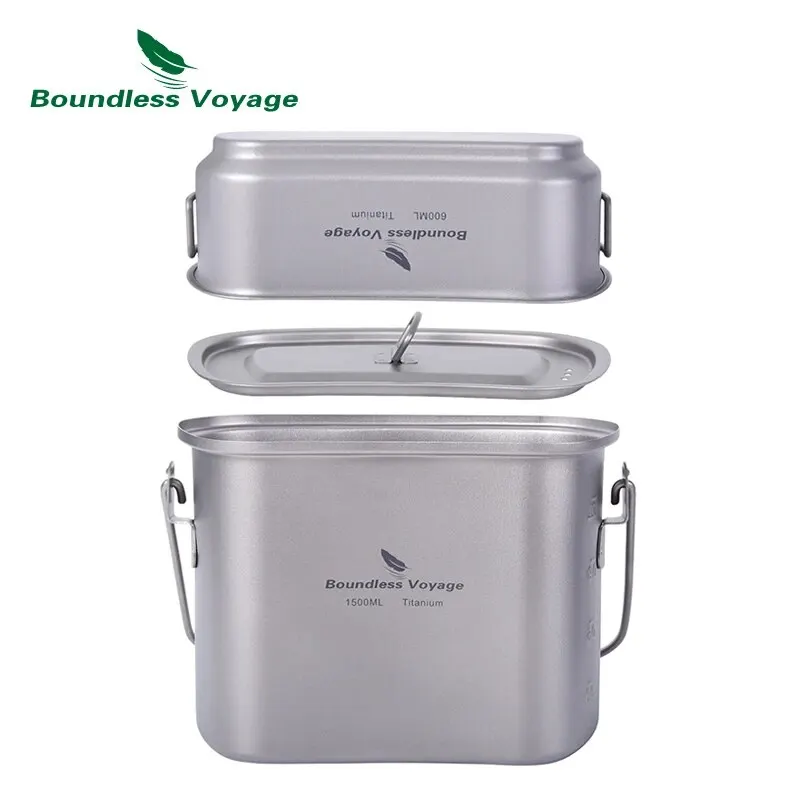 Boundless Voyage Titanium Hanging Pot Cup Cooking Set with Lid Folding Handles Outdoor Camping Cookware Mess Kit 1500ML + 600ML