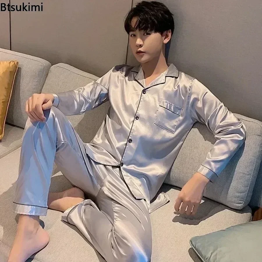 High Quality Men's Casual Pajama Sets Fashion Satin Long Sleeve Lapel Tops and Pants Homewaer Suit Men Comfort Lounge Sleepwear