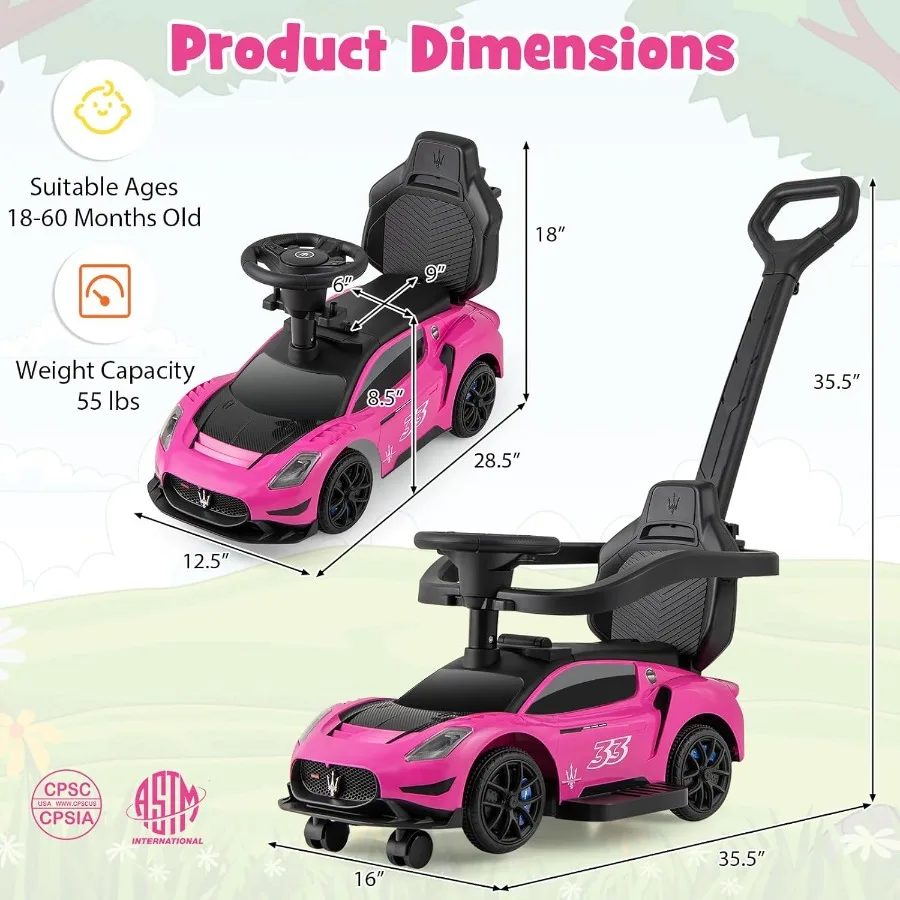 Duwwagen voor peuters 3-in-1 gelicentieerde Maserati-kinderwagen Glijdend wandelwagen met handvat Vangrail onder stoel Opberghoorn en M