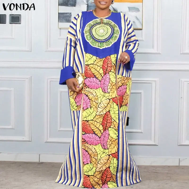 

Плюс размер VONDA богемный халат макси женский с длинным рукавом с цветочным принтом длинный сарафан негабаритные вечерние платья модные полосатые платья