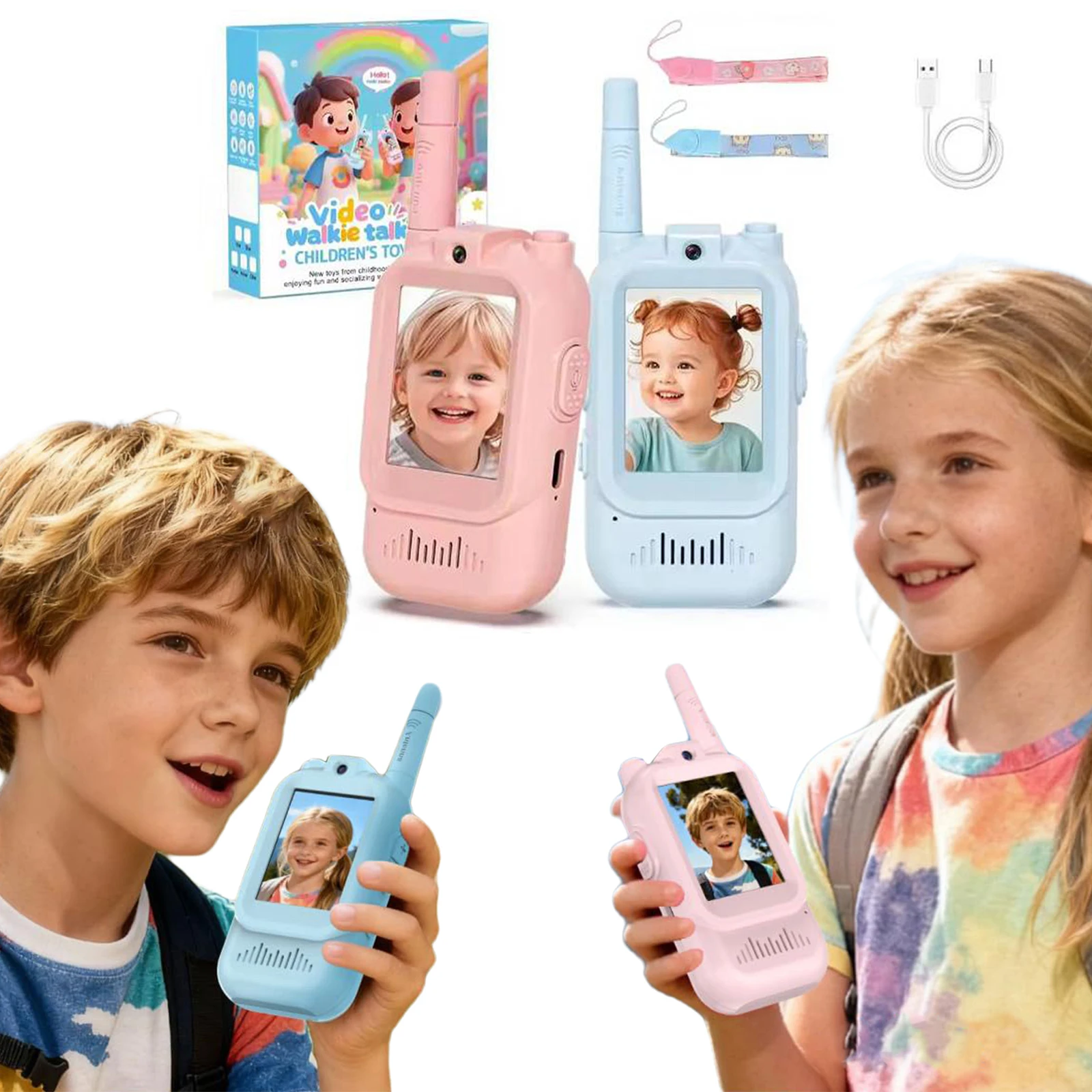 2Pcs Video Walkie Talkies for Kids 2-inch Video Intercom Rechargeable Voice Fonts One-Click Call Cartoon Intercom Toys Gift