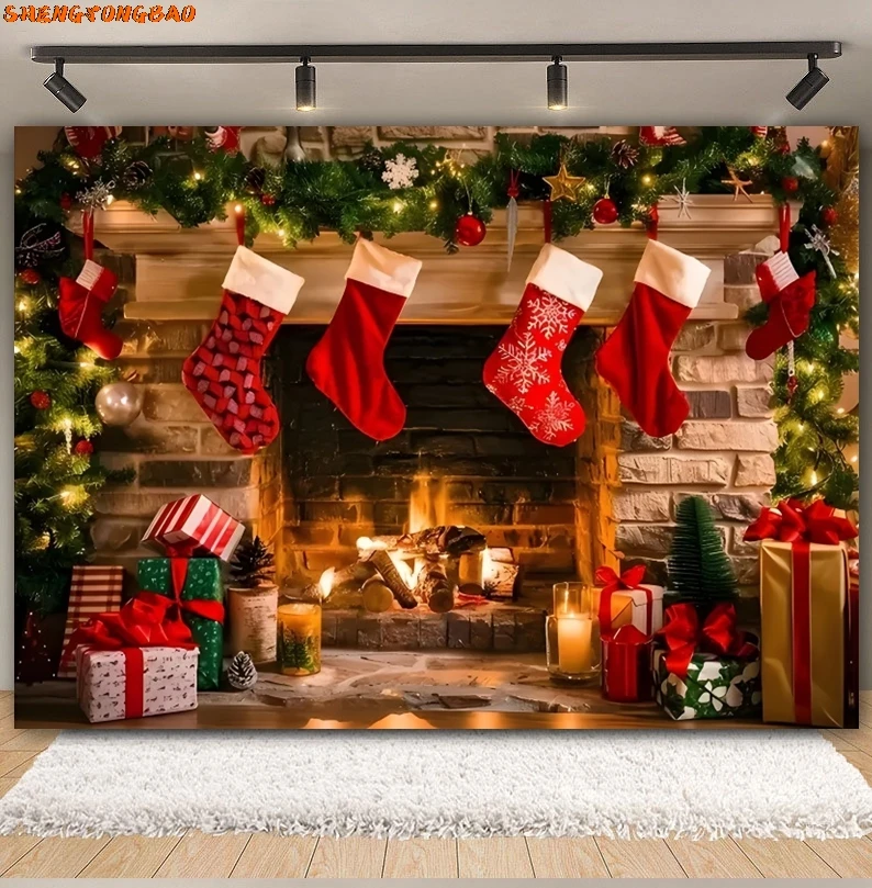 Décors de photographie de cheminée de Noël, arbre de Noël, père Noël, cadeau de fenêtre, décor de fond de portrait de famille de bébé, studio photo