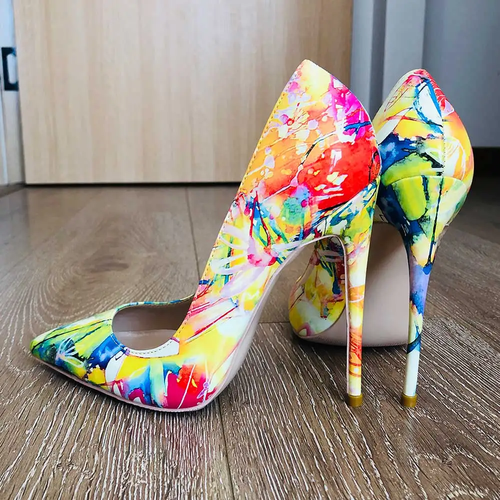 Women pumps printing yellow Hawaii Style Women Oil Painting sexy pointed toe 12cm high heel party wedding shoes stilettos QP008