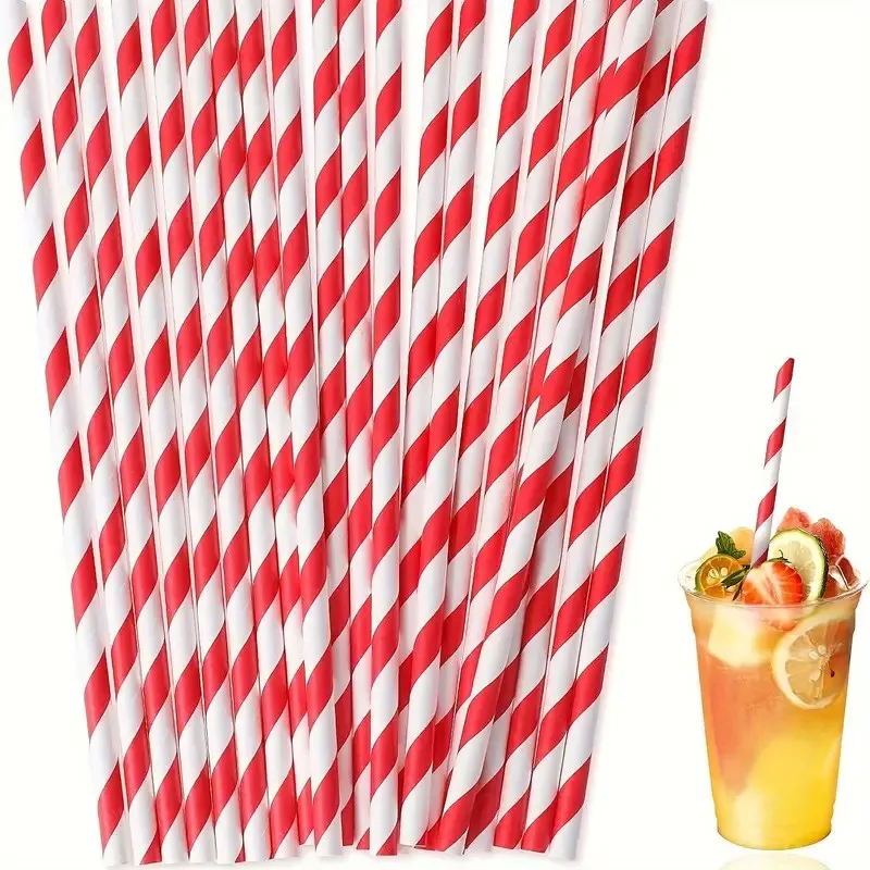 

100pcs red and white striped paper straws, suitable for decorating with milk tea, juice, desserts, parties, and more