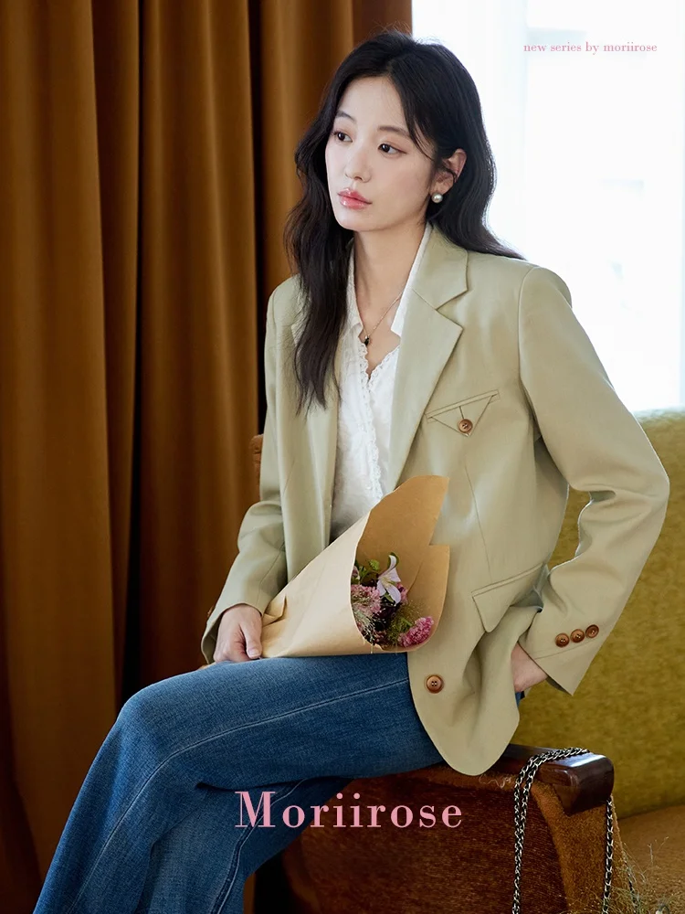 

Женское винтажное пальто Moriirose цвета хаки с отложным воротником, свободного кроя, для повседневной носки, двубортное, с длинными рукавами