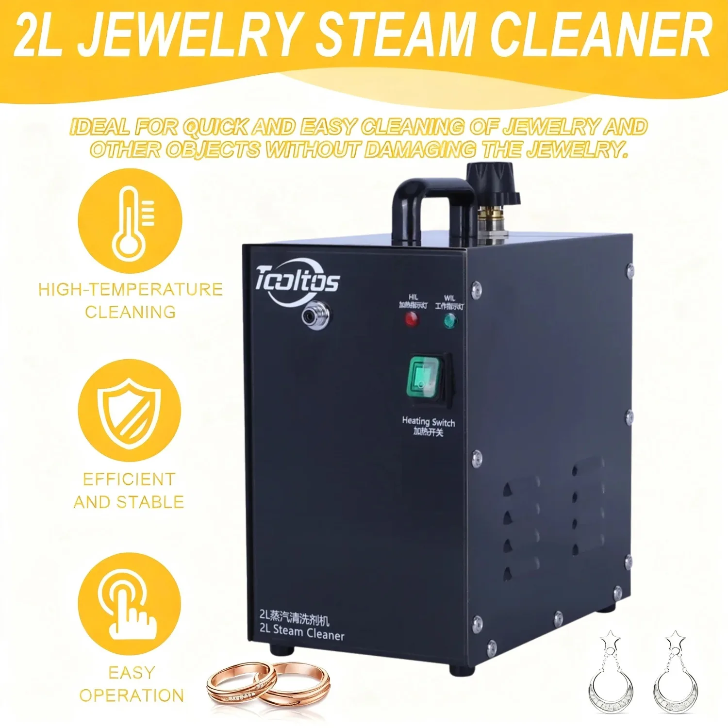 

1300W 2L Black Jewelry Steam Cleaner - Stainless Steel High-Pressure Steamer with Strainer for Precious Metals Jewelry Cleaning