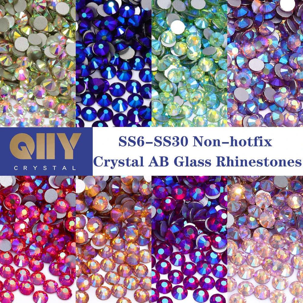 

QIIY SS6-SS30 High Quality Glass Rhinestones Super Bright Crystal AB Non-hotfix Flatback Glue On 3D Stones For DIY Nail Art