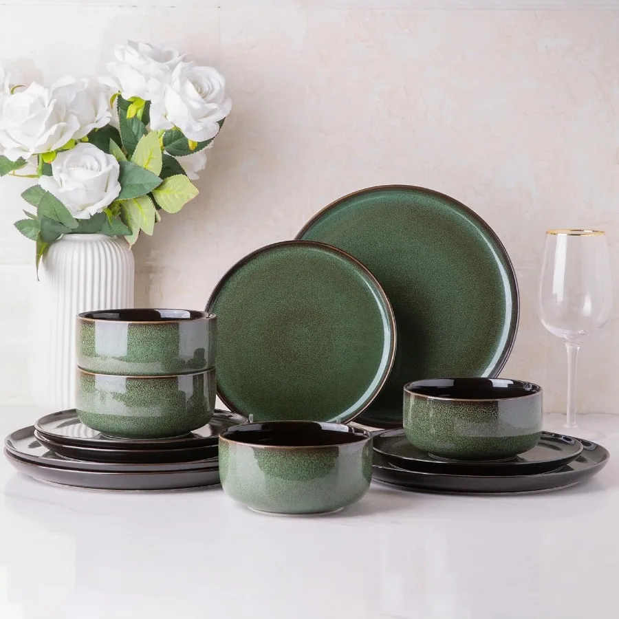 

Ceramic Dinnerware Set for 4 with Poreclain Plates and Bowls Handmade Reactive Glaze Dishes for Everyday Dining Chip Resistant