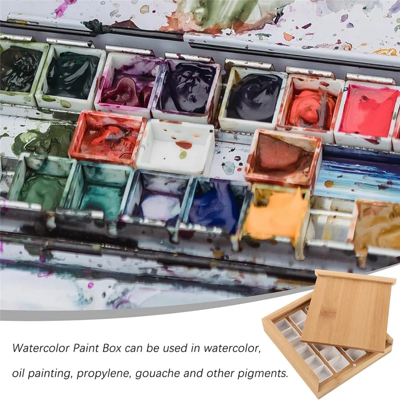 HLZS-Wooden Watercolor Palette Box With Half Pans Grid Empty Pull-Out Type Oil Drawing Ray Pallets Portable Travel Paint Tray