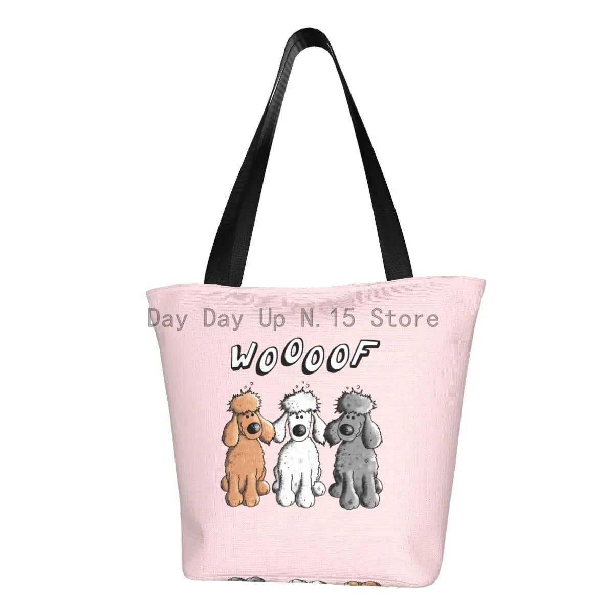 Funny Printed Woof Poodles Shopping Tote Bags Recycling Canvas Shoulder Shopper Cartoon Poodle Dog Handbag