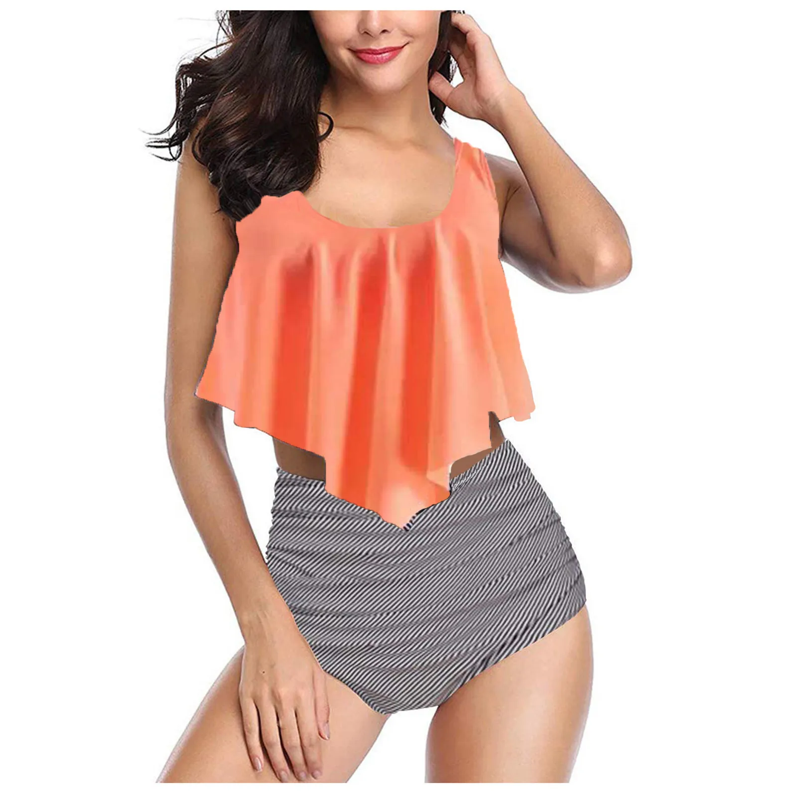 セクシーなツーピースセット水着フリル女性スーツプリントビーチウェアハイウエストビキニセットボトムスプッシュアップタンキニ水着