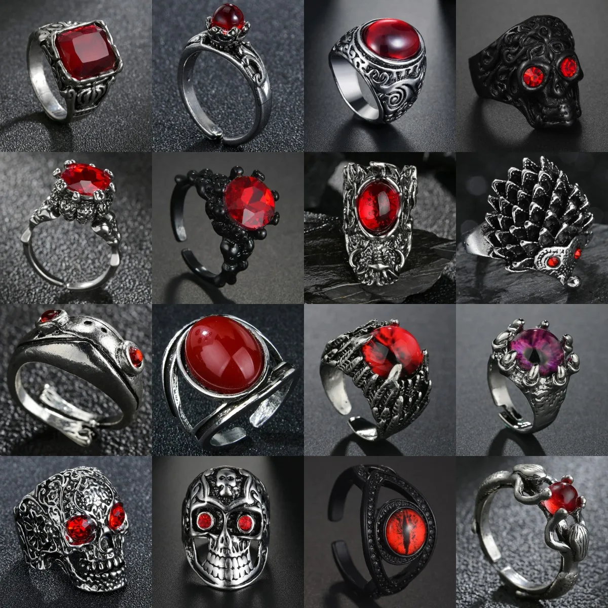 Retro Gothic Rings For Men Women Skull/Dragon/ Frog/Red Crystal/Crown/Vampire Open Size Punk Ring Wedding Jewelry Wholesale