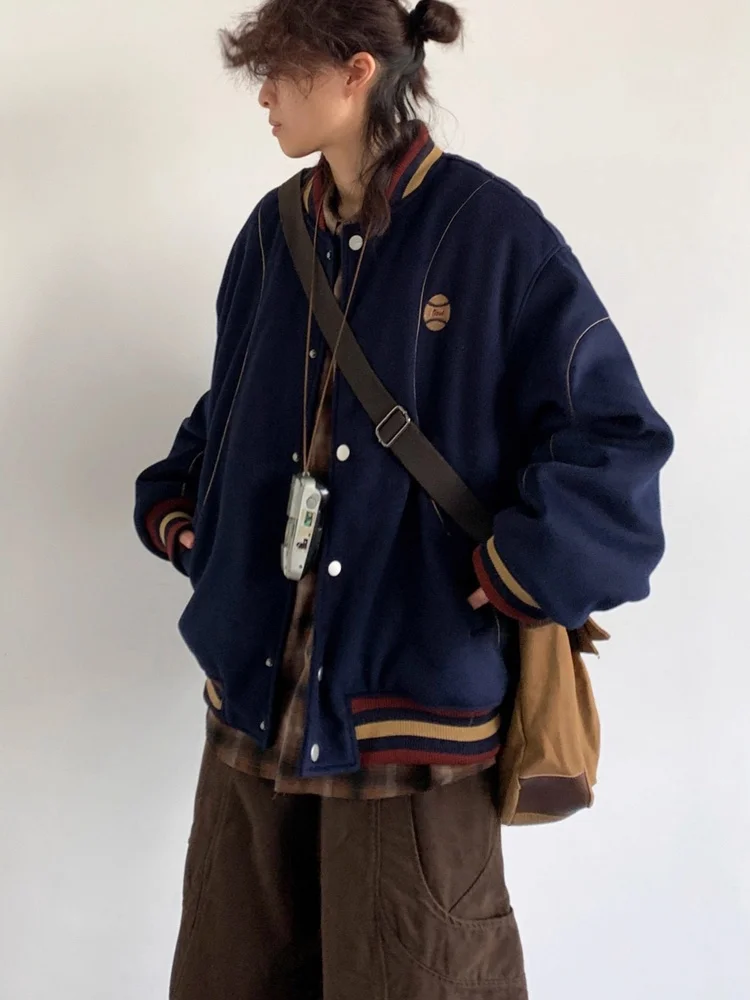 

Retro Japanese Sle Winter Baseball Jaet ex Loose Woolen Coat k Blue Casual Outerwear Polyester Long Sve Coat