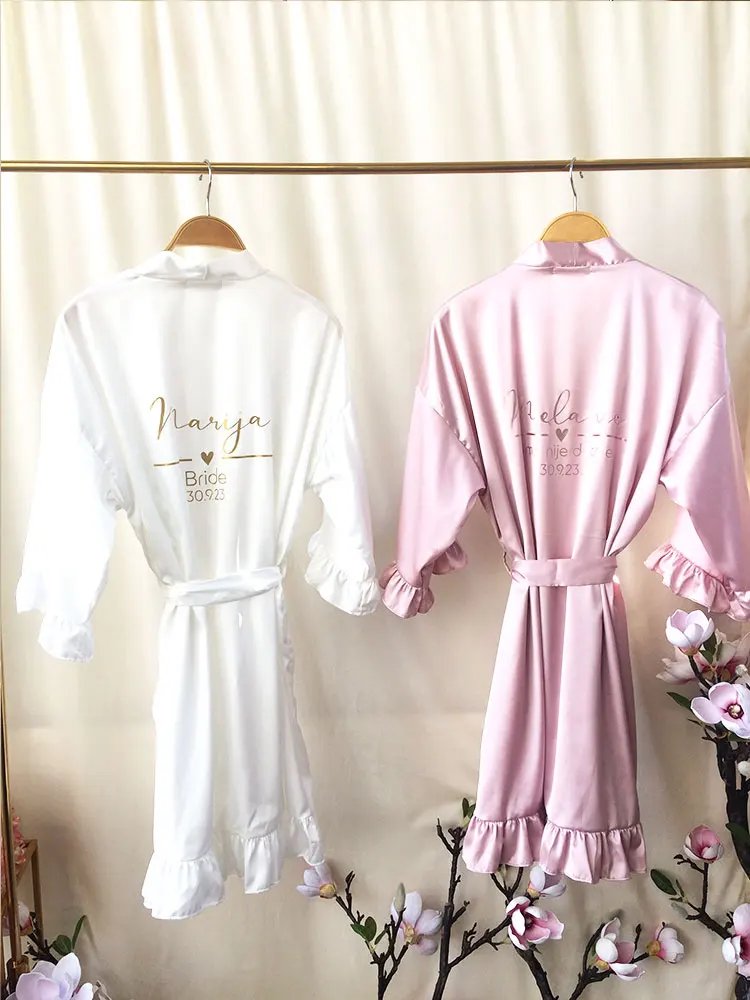 White Robe with Gold  Bride Muave Robe with Rose Gold Kuma Nije Dugme Robes be Personalized on Another Language Ruffled Bathrobe