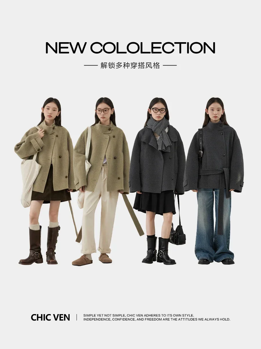 CHIC VEN Women\'s Double-sided Belt Woolen Coat Short Loose Overcoat Solid Female Outerwear Woman Jackets Autumn Winter 2026
