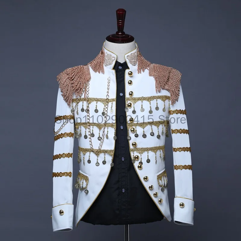 2023 Men\'s Luxury Fashion Military Blazer Jacket Vintage Palace Hanging Tassel Tuxedo Irregular Coat Singer Stage Cosplay Wear