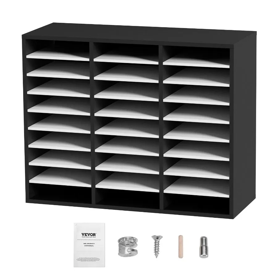 Wood Literature Organizer File Sorter Paper Storage Holder 27 Slots Black