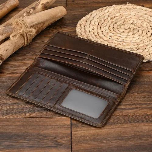 Cartera larga informal para teléfono móvil para hombre, monedero largo plegable, tarjetero de piel de vaca Natural, tarjetero de negocios