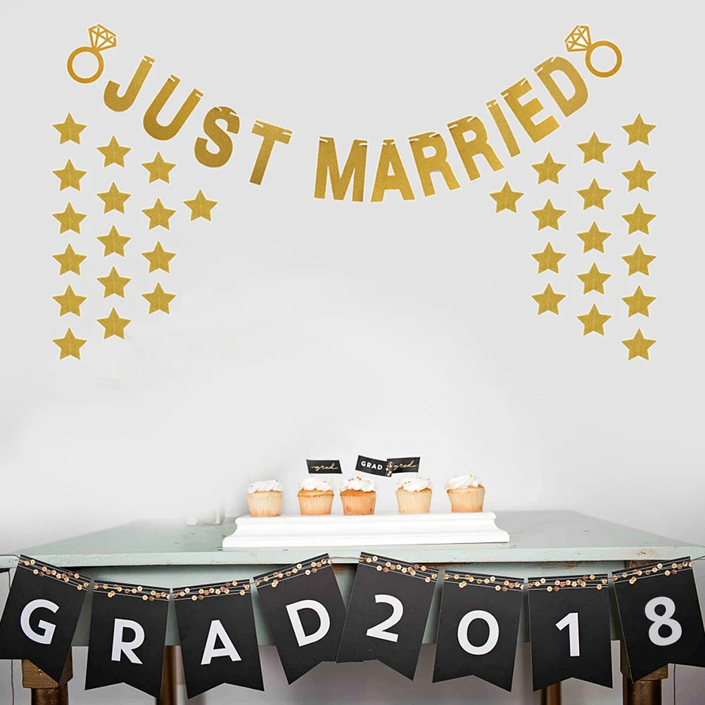 

Gold Confetti Pentagram Banner Just Married Letters Bunting Banner Wedding Party Decor Bunting Banners for Wedding