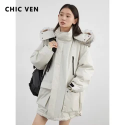 CHIC VEN Women Down Coats Loose New Outdoor Warm Down Jacket Hooded Casual Female 90 White Duck Down Coat Autumn Winter 2024