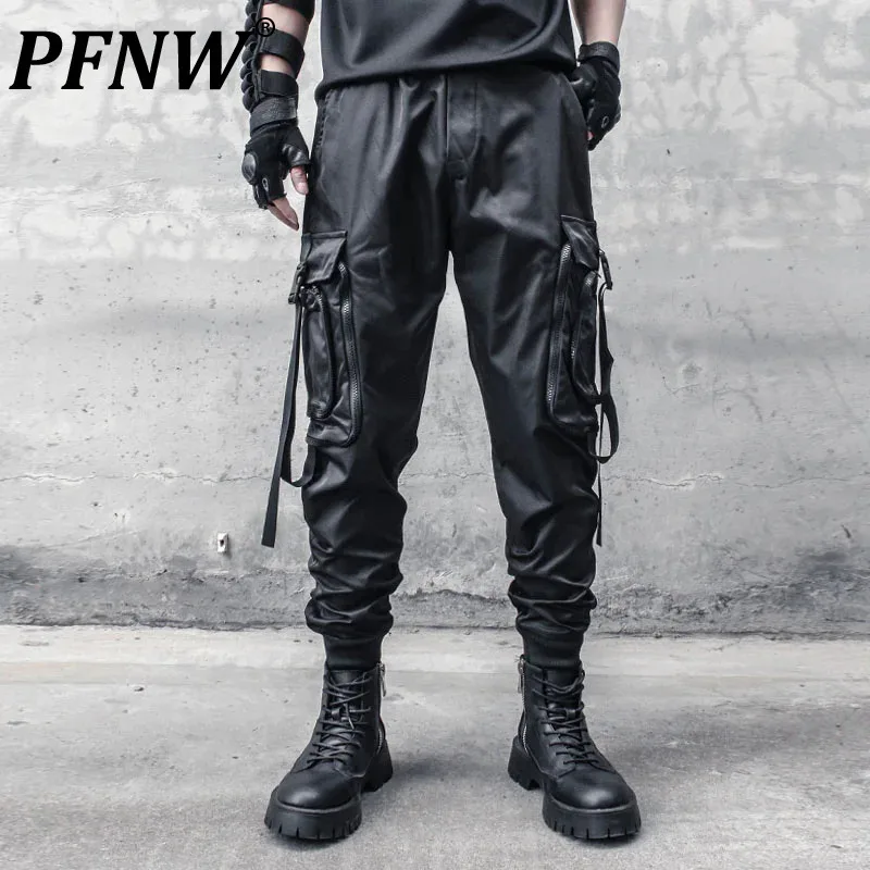 

PFNW Men's Autumn New Tide Cargo Pants Ribbons Large Pocket High Street Straight Blinding Leg Overall Darkwear Trousers 12Z4132